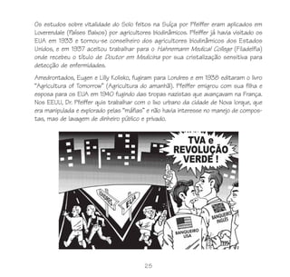 Os estudos sobre vitalidade do Solo feitos na Suíça por Pfeiffer eram aplicados em
Loverendale (Países Baixos) por agricultores biodinâmicos. Pfeiffer já havia visitado os
EUA em 1933 e tornou-se conselheiro dos agricultores biodinâmicos dos Estados
Unidos, e em 1937 aceitou trabalhar para o Hahnemann Medical College (Filadelfia)
onde recebeu o título de Doutor em Medicina por sua cristalização sensitiva para
detecção de enfermidades.
Amedrontados, Eugen e Lilly Kolisko, fugiram para Londres e em 1938 editaram o livro
“Agricultura of Tomorrow” (Agricultura do amanhã). Pfeiffer emigrou com sua filha e
esposa para os EUA em 1940 fugindo das tropas nazistas que avançavam na França.
Nos EEUU, Dr. Pfeiffer quis trabalhar com o lixo urbano da cidade de Nova Iorque, que
era manipulada e explorado pelas “máfias” e não havia interesse no manejo de compos-
tas, mas de lavagem de dinheiro público e privado.




                                          25
 