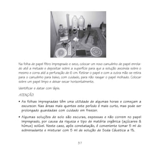 Na folha de papel filtro impregnado e seco, colocar um novo canudinho de papel enrola-
do até a metade e depositar sobre a superfície para que a solução ascenda sobre o
mesmo e corra até a perfuração de 6 cm. Retirar o papel e com a outra mão se retira
para o canudinho para baixo, com cuidado, para não rasgar o papel molhado. Colocar
sobre um papel limpo e deixar secar horizontalmente.
Identificar e datar com lápis.
ATENÇÃO:
• As folhas impregnadas têm uma utilidade de algumas horas e começam a
  escurecer. Nas áreas mais quentes este período é mais curto, mas pode ser
  prolongado guardadas com cuidado em freezer.
• Algumas soluções de solo são escuras, espessas e não correm no papel
  impregnado, por causa da riqueza e tipo de matéria orgânica (açúcares &
  húmus) solúvel. Neste caso, após constatação, é conveniente tomar 5 ml do
  sobrenadante e misturar com 5 ml de solução de Soda Cáustica a 1%.


                                         37
 