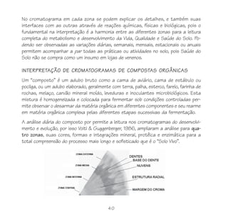 No cromatograma em cada zona se podem explicar os detalhes, e também suas
interfaces com as outras através de reações químicas, físicas e biológicas, pois o
fundamental na interpretação é a harmonia entre as diferentes zonas para a leitura
completa do metabolismo e desenvolvimento da Vida, Qualidade e Saúde do Solo. Po-
dendo ser observadas as variações diárias, semanais, mensais, estacionais ou anuais
permitem acompanhar a par todas as práticas ou atividades no solo, pois Saúde do
Solo não se compra como um insumo em lojas de venenos.

INTERPRETAÇÃO DE CROMATOGRAMAS DE COMPOSTAS ORGÂNICAS
Um “composto” é um adubo bruto como a cama de aviário, cama de estábulo ou
pocilga, ou um adubo elaborado, geralmente com terra, palha, esterco, farelo, farinha de
rochas, melaço, carvão mineral moído, leveduras e inoculantes microbiológicos. Esta
mistura é homogeneizada e colocada para fermentar sob condições controladas per-
mite observar o desarmar da matéria orgânica em diferentes componentes e seu rearme
em matéria orgânica complexa pelas diferentes etapas sucessivas da fermentação.
A análise diária do composto por permite a leitura nos cromatogramas do desenvolvi-
mento e evolução, por isso Voitl & Guggenberger, 1986, ampliaram a análise para qua-
tro zonas, suas cores, formas e integrações mineral, protêica e enzimática para a
total compreensão do processo mais longo e sofisticado que é o “Solo Vivo”.




                                          40
 