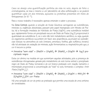 Caso se deseje uma quantificação perfeita da vida no solo, depois de feito o
cromatograma, se leva o mesmo a um laboratório de alta sofisticação e, se poderá
quantificar cada um dos minerais, açúcares ou proteínas presentes em níveis de
fentogramas (1x 10 -15).
Para o nosso trabalho é necessário apenas entender e saber o processo.
Na Zona Central, quando a solução de Soda Cáustica carregando as substâncias,
minerais ou orgânicas dissolvidas, passam pelo papel impregnado com Nitrato de Pra-
ta, há a formação imediata de Hidróxido de Prata (AgOH), uma substância instável
que, rapidamente forma um precipitado escuro de Óxido de Prata (Ag2O) proporcional à
quantidade da substância. E, se o solo não tem metabolismo aeróbico, ou seja, quando
os organismos aeróbicos sucumbem em favor dos anaeróbicos, acumulam-se substân-
cias tóxicas na atmosfera do solo (metano, amoníaco, fosfina, gás sulfídrico, borano)
não há atividade de oxidação de minerais, ação fermentativa ou respiratória pelo que, a
cor é escura ou preta.
• Amostra “sem vida” + 2NaOH + 2AgNO3               2NaN03 + 2AgOH          Ag2O pre-
  cipitado negro
Esta cor diminui na medida em que aumentam aquelas atividades, pois a presença de
substâncias nitrogenadas gerada pelo metabolismo do solo torna solúvel o precipitado
negro de Oxido de Prata, tornando-o de cor branco prateado com reação, tamanho e
intensidade proporcional a concentração da “vida” no solo, formando o complexo Amin
Prata [Ag(NH3)2]+.
• Amostra “com vida” + 2NaOH + 2AgNO3               2NaN03 + 2AgOH + 4NH4OH
  2[Ag(NH 3) 2]OH cor Prata
Há uma variação de cor do preto ao prateado que permite uma escala de uma centena
de tonalidades.

                                          51
 
