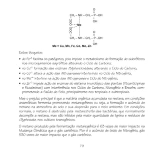 Estes bloqueios:
• de Fe+3 facilita os patógenos, pois impede o metabolismo de formação de sideróforos
  nos microrganismos saprófitos alterando o Ciclo de Carbono;
• no Cu+2 formação das enzimas Poliphenoloxidase, alterando o Ciclo do Carbono;
• no Co+2 altera a ação das Nitrogenases interferindo no Ciclo do Nitrogênio;
• no Mo+4 interfere na ação das Nitrogenases e Ciclo do Nitrogênio;
• no Zn+2 impede ação de enzimas do sistema imunológico das plantas (fitoanticipinas
  e fitoalexinas) com interferência nos Ciclos de Carbono, Nitrogênio e Enxofre, com-
  prometendo a Saúde do Solo, principalmente nos tropicais e subtropicais.
Mas o prejuízo principal é que a matéria orgânica acumulada na resteva, em condições
anaeróbicas fermenta promovendo metanogênese, ou seja, a formação e acúmulo de
metano na atmosfera do solo e sua dispersão para o meio ambiente. Em condições
normais, o metano é destruído pela metanotrofia das bactérias, que normalmente
decompõe a resteva, mas são inibidos pela maior quantidade de lignina e resíduos de
Glyphosate, nos cultivos transgênicos.
O metano produzido pela fermentação metanogênica é 63 vezes de maior impacto na
Mudança Climática que o gás carbônico. Pior é o acúmulo de óxido de Nitrogênio, gás
530 vezes de maior impacto que o gás carbônico.

                                         79
 