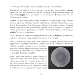CROMATOGRAFIA DE ENZIMAS INDICADORAS DA SAÚDE DO SOLO
Recordemos: A primeira fonte de energia para os seres vivos primitivos foi os minerais.
Depois com o acúmulo de Carbono (matéria orgânica) os microrganismos desenvolve-
ram a fermentação, que é catalizada por um complexo entre proteína e minerais
conhecido como enzimas.
Enzimas são proteínas catalizadoras, a essência da biotecnologia. Hoje, a melhor
forma de expressão da “saúde do solo”, é através das enzimas indicadoras da saúde
do solo (Dehidrogenase, Beta-Glucosidase, Celulase, Fenoloxidase, Amidase, Fosfatase
ácida e Fosfatase alcalina, Arylsulfatase, Urease e todas as outras). Isto também foi
previsto nos trabalhos pioneiros de E. Pfeiffer, permitindo identificar a harmonia das
“pétalas” em um cromatograma.
Em sua evolução os seres vivos desenvolveram, por último, a respiração, que necessita
muitíssimo mais ainda da participação de enzimas (e proteínas).
Contudo, a análise de proteínas é muito sofisticada e requer equipamentos de alta
especialização e condições críticas de trabalho. Elas estão complexadas na matéria
orgânica, nos ácidos húmicos, no campo eletromag-
nético das rochas e adsorvido nas partículas mais
finas do solo ou citoplasma dos cadáveres em de-
composição fermento-oxidativa.
Mesmo assim, vale o esforço. Nosso objetivo, em
função dos avanços da “Saúde do Solo” com o co-
mércio de venda de insumos, é permitir o
discernimento dos agricultores, principalmente,
para controlar a qualidade das compostas, camas
de aviários e matéria orgânica fermentada trazida


                                         83
 