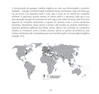 A incorporação de qualquer matéria orgânica ao solo, sua fermentação e posterior
oxidação – redução e transformação energética forma membranas. Seja uma folha que
cai da árvore e se deposita sobre o solo, seja o corpo de um animal em condições
similares. O agricultor, quando semeia um adubo verde e o aproveita, sabe que a sua
decomposição através da membrana do solo segue uma ordem de tempo até vinte anos
segundo as condições ambientais, e riqueza em taninos, ceras e outros elementos
presentes. Obviamente, estes valores e tempos são funções de variáveis ambientais e
aspectos genéticos (gênese) das folhas, ramos, raízes e seu conteúdo em compostos
simples ou complexos como o amido, celulose, lignina ou quitina (aromáticos), pois
muitas membranas são necessárias para sua transformação e incorporação energética
(relação C/N).




                                        93
 