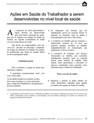 Ações em Saúde do Trabalhador a serem
       desenvolvidas no nível local de saúde

         s propostas de ações apresentadas a             ♦ Os integrantes das famílias que são
         seguir deverão ser desenvolvidas                  trabalhadores (ativos do mercado formal ou
         pela rede básica municipal de saúde,              informal, no domicílio, rural ou urbano e
quer ela se organize em equipes de Saúde da                desempregados), por sexo e faixa etária.
Família, em Agentes Comunitários de Saúde
                                                         ♦ A existência de trabalho precoce (crianças e
e/ou em centros/postos de saúde.
                                                           adolescentes menores de 16 anos, que
      Não devem ser compreendidas como um                  realizam qualquer atividade de trabalho,
check-list, devendo ser discutidas e adaptadas             independentemente de remuneração, que
em função da dinâmica de trabalho dos grupos               freqüentem ou não as escolas).
de profissionais que atuam na atenção básica
no nível municipal de saúde.                             ♦ A ocorrência de acidentes e/ou doenças
                                                           relacionadas ao trabalho, que acometam
                                                           trabalhadores inseridos tanto no mercado
                Atribuições gerais                         formal como informal de trabalho. Mais
                                                           adiante serão apresentados e discutidos os
                                                           agravos considerados neste momento como
       Para o território, a equipe de saúde deve           prioritários para a Saúde do Trabalhador.
identificar e registrar:
    A população economicamente ativa3 , por                          Para o serviço de saúde:
sexo e faixa etária.
As atividades produtivas existentes na área,
bem como os perigos e os riscos potenciais              ♦ Organizar e analisar os dados obtidos em
para a saúde dos trabalhadores, da população e            visitas domiciliares realizadas pelos agentes
do meio ambiente.                                         e membros das equipes de Saúde da Família.



3.   A população economicamente ativa é definida pelo IBGE como aquela composta por pessoas de 10 a 65 anos de
     idade, classificadas como ocupadas ou desocupadas (mas procurando emprego) na semana de referência da
     pesquisa realizada pelo Instituto.
 