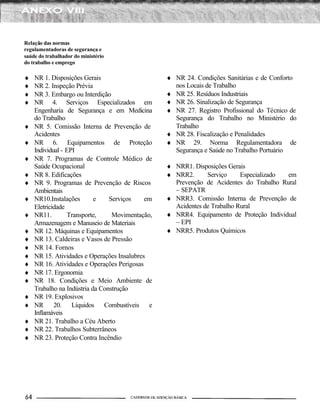 Relação das normas
regulamentadoras de segurança e
saúde do trabalhador do ministério
do trabalho e emprego

♦   NR 1. Disposições Gerais                     ♦ NR 24. Condições Sanitárias e de Conforto
♦   NR 2. Inspeção Prévia                          nos Locais de Trabalho
♦   NR 3. Embargo ou Interdição                  ♦ NR 25. Resíduos Industriais
♦   NR 4. Serviços Especializados em             ♦ NR 26. Sinalização de Segurança
    Engenharia de Segurança e em Medicina        ♦ NR 27. Registro Profissional do Técnico de
    do Trabalho                                    Segurança do Trabalho no Ministério do
♦   NR 5. Comissão Interna de Prevenção de         Trabalho
    Acidentes                                    ♦ NR 28. Fiscalização e Penalidades
♦   NR 6. Equipamentos de Proteção               ♦ NR 29. Norma Regulamentadora de
    Individual - EPI                               Segurança e Saúde no Trabalho Portuário
♦   NR 7. Programas de Controle Médico de
    Saúde Ocupacional                            ♦ NRR1. Disposições Gerais
♦   NR 8. Edificações                            ♦ NRR2.      Serviço     Especializado em
♦   NR 9. Programas de Prevenção de Riscos         Prevenção de Acidentes do Trabalho Rural
    Ambientais                                     – SEPATR
♦   NR10.Instalações       e    Serviços    em   ♦ NRR3. Comissão Interna de Prevenção de
    Eletricidade                                   Acidentes de Trabalho Rural
♦   NR11.        Transporte,     Movimentação,   ♦ NRR4. Equipamento de Proteção Individual
    Armazenagem e Manuseio de Materiais            – EPI
♦   NR 12. Máquinas e Equipamentos               ♦ NRR5. Produtos Químicos
♦   NR 13. Caldeiras e Vasos de Pressão
♦   NR 14. Fornos
♦   NR 15. Atividades e Operações Insalubres
♦   NR 16. Atividades e Operações Perigosas
♦   NR 17. Ergonomia
♦   NR 18. Condições e Meio Ambiente de
    Trabalho na Indústria da Construção
♦   NR 19. Explosivos
♦   NR 20. Líquidos Combustíveis e
    Inflamáveis
♦   NR 21. Trabalho a Céu Aberto
♦   NR 22. Trabalhos Subterrâneos
♦   NR 23. Proteção Contra Incêndio
 