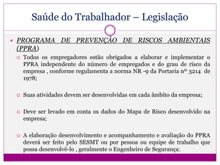 Saúde do Trabalhador – Legislação
 PROGRAMA DE PREVENÇÃO DE RISCOS AMBIENTAIS
(PPRA)
 Todos os empregadores estão obrigados a elaborar e implementar o
PPRA independente do número de empregados e do grau de risco da
empresa , conforme regulamenta a norma NR -9 da Portaria nº 3214 de
1978;
 Suas atividades devem ser desenvolvidas em cada âmbito da empresa;
 Deve ser levado em conta os dados do Mapa de Risco desenvolvido na
empresa;
 A elaboração desenvolvimento e acompanhamento e avaliação do PPRA
deverá ser feito pelo SESMT ou por pessoa ou equipe de trabalho que
possa desenvolvê-lo , geralmente o Engenheiro de Segurança;
 