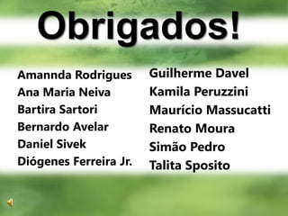 Obrigados!Guilherme DavelKamila PeruzziniMaurício MassucattiRenato MouraSimão PedroTalita SpositoAmannda RodriguesAna Maria NeivaBartira SartoriBernardo AvelarDaniel SivekDiógenes Ferreira Jr.