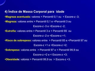 4) Índice de Massa Corporal para idade
•Magreza acentuada: valores < Percentil 0,1 ou < Escore-z -3;
•Magreza: valores entre > Percentil 0,1 e <Percentil 3 ou
Escore-z -3 e <Escore-z -2;
•Eutrofia: valores entre > Percentil 3 e < Percentil 85 ou
Escore-z -2 e <Escore-z +1;
•Risco de sobrepeso: valores entre > Percentil 85 e <Percentil 97 ou
Escore-z +1 e <Escore-z +2;
•Sobrepeso: valores entre > Percentil 97 e < Percentil 99,9 ou
Escore-z +2 e < Escore-z +3;
•Obesidade: valores > Percentil 99,9 ou > Escore-z +3.
 
