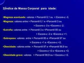 3)Índice de Massa Corporal para idade:
•Magreza acentuada: valores < Percentil 0,1 ou < Escore-z -3;
•Magreza: valores entre > Percentil 0,1 e <Percentil 3 ou
> Escore-z -3 e <Escore-z -2;
•Eutrofia: valores entre > Percentil 3 e <Percentil 85 ou
> Escore-z -2 e <Escore-z +1;
•Sobrepeso: valores entre > Percentil 85 e <Percentil 97 ou
> Escore-z +1 e <Escore-z +2;
•Obesidade: valores entre > Percentil 97 e <Percentil 99,9 ou
> Escore-z +2 e <Escore-z +3;
•Obesidade grave: valores > Percentil 99,9 ou > Escore-z +3.
 