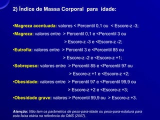 2) Índice de Massa Corporal para idade:
•Magreza acentuada: valores < Percentil 0,1 ou < Escore-z -3;
•Magreza: valores entre > Percentil 0,1 e <Percentil 3 ou
> Escore-z -3 e <Escore-z -2;
•Eutrofia: valores entre > Percentil 3 e <Percentil 85 ou
> Escore-z -2 e <Escore-z +1;
•Sobrepeso: valores entre > Percentil 85 e <Percentil 97 ou
> Escore-z +1 e <Escore-z +2;
•Obesidade: valores entre > Percentil 97 e <Percentil 99,9 ou
> Escore-z +2 e <Escore-z +3;
•Obesidade grave: valores > Percentil 99,9 ou > Escore-z +3.
Atenção: Não tem os parâmetros de peso-para-idade ou peso-para-estatura para
esta faixa etária na referência da OMS (2007).
 