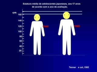 Estatura média de adolescentes japoneses, aos 17 anos
de acordo com o ano de avaliação.
1940 1960
cm
100
80
60
40
20
120
140
160
Tanner e col.,1982
 