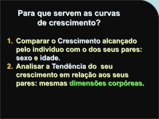 Para que servem as curvas
de crescimento?
1. Comparar o Crescimento alcançado
pelo indivíduo com o dos seus pares:
sexo e idade.
2. Analisar a Tendência do seu
crescimento em relação aos seus
pares: mesmas dimensões corpóreas.
 