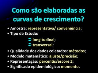 • Amostra: representativa/ conveniência;
• Tipo de Estudo:
 longitudinal;
 transversal;
• Qualidade dos dados coletados: métodos;
• Modelo matemático: ajuste/precisão;
• Representação: percentis/escore Z;
• Significado epidemiológico: momento.
Como são elaboradas as
curvas de crescimento?
 