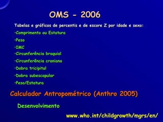 OMS - 2006
Tabelas e gráficos de percentis e de escore Z por idade e sexo:
•Comprimento ou Estatura
•Peso
•IMC
Calculador Antropométrico (Anthro 2005)
•Circunferência braquial
•Circunferência craniana
•Dobra tricipital
•Dobra subescapular
•Peso/Estatura
Desenvolvimento
www.who.int/childgrowth/mgrs/en/
 