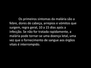 Os primeiros sintomas da malária são a
febre, dores de cabeça, arrepios e vómitos que
surgem, regra geral, 10 a 15 dias após a
infecção. Se não for tratada rapidamente, a
malária pode tornar-se uma doença letal, uma
vez que o fornecimento de sangue aos órgãos
vitais é interrompido.
 