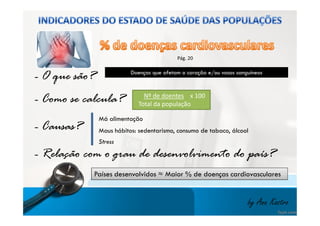 - O que são? 
Pág. 20 
- Como se calcula? 
Doenças que afetam o coração e/oouu vvaassooss ssaanngguuíínneeooss 
Nº de doentes x 100 
Total da população 
Má alimentação 
- Causas? 
Maus hábitos: sedentarismo, consumo de tabaco, álcool 
Stress 
- Relação com o grau de desenvolvimento do país? 
PPaaíísseess ddeesseennvvoollvviiddooss ≈≈ MMaaiioorr %% ddee ddooeennççaass ccaarrddiioovvaassccuullaarreess 
by Ana Kastro 
 