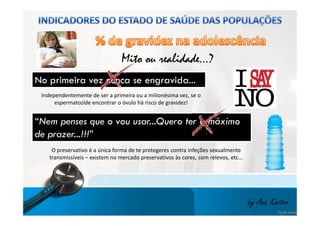 Mito ou realidade...? 
No primeira vveezz nnuunnccaa ssee eennggrraavviiddaa...... 
Independentemente de ser a primeira ou a milionésima vez, se o 
espermatozíde encontrar o óvulo há risco de gravidez! 
“Nem penses que o vou usar...Quero ter o máximo 
de prazer...!!!” 
by Ana Kastro 
O preservativo é a única forma de te protegeres contra infeções sexualmente 
transmissíveis – existem no mercado preservativos às cores, com relevos, etc... 
 