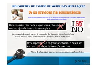 http://sicnoticias.sapo.pt/pais/2013-01-17-testemunhos-de-jovens-maes-e-familiares-que-procuram-ajuda- 
na-associacao-humanidades 
Uma rapariga não pode engravidar a não ser que 
o rapaz ejacule dentro da sua vagina. 
Durante a relação sexual, e antes da ejaculação, são libertados fluidos (líquidos) que 
podem já conter alguns espermatozóides...e por isso ocorrer uma gravidez. 
Uma rapariga não engravida se tomar a pílula um 
ou dois dias antes das relações sexuais. 
A toma da pílula requer algumas semanas para que possa fazer efeito... 
by Ana Kastro 
 