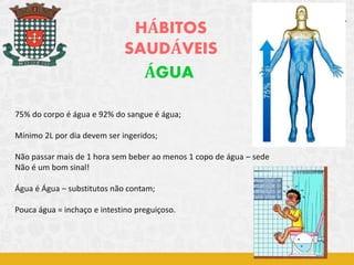 75% do corpo é água e 92% do sangue é água;
Mínimo 2L por dia devem ser ingeridos;
Não passar mais de 1 hora sem beber ao menos 1 copo de água – sede
Não é um bom sinal!
Água é Água – substitutos não contam;
Pouca água = inchaço e intestino preguiçoso.
HÁBITOS
SAUDÁVEIS
ÁGUA
 