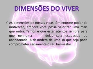  As dimensões de nossas vidas têm enorme poder de
motivação, embora você possa valorizar uma mais
que outra. Temos é que estar atentos sempre para
que nenhuma delas seja esquecida ou
abandonada. A desordem de uma só que seja pode
comprometer seriamente o seu bem-estar.
 