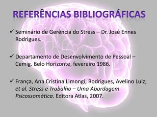  Seminário de Gerência do Stress – Dr. José Ennes
Rodrigues.
 Departamento de Desenvolvimento de Pessoal –
Cemig. Belo Horizonte, fevereiro 1986.
 França, Ana Cristina Limongi; Rodrigues, Avelino Luiz;
et al. Stress e Trabalho – Uma Abordagem
Psicossomática. Editora Atlas, 2007.
 