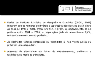  Dados do Instituto Brasileiro de Geografia e Estatística ([IBGE], 2007) 
mostram que os números de divórcio e separações ocorridos no Brasil, entre 
os anos de 1993 e 2003, cresceram 44% e 17,8%, respectivamente. Já no 
período entre 2004 e 2005, as separações judiciais aumentaram 7,4%, 
mantendo um crescimento gradativo. 
 As chamadas famílias compostas ou estendidas já não vivem juntas ou 
próximas umas das outras. 
 Aumento da diversidade nos locais de entretenimento, melhorias e 
facilidades no modo de transporte. 
 