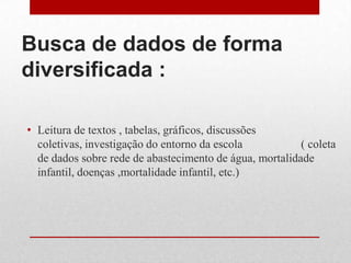 Busca de dados de forma
diversificada :
• Leitura de textos , tabelas, gráficos, discussões
coletivas, investigação do entorno da escola ( coleta
de dados sobre rede de abastecimento de água, mortalidade
infantil, doenças ,mortalidade infantil, etc.)
 