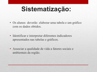 Sistematização:
• Os alunos deverão elaborar uma tabela e um gráfico
com os dados obtidos.
• Identificar e interpretar diferentes indicadores
apresentados nas tabelas e gráficos.
• Associar a qualidade de vida a fatores sociais e
ambientais da região.
 