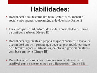 Habilidades:
• Reconhecer a saúde como um bem - estar físico, mental e
social e não apenas como ausência de doenças (Grupo I)
• Ler e interpretar indicadores de saúde apresentados na forma
de gráficos e tabelas (Grupo II)
• Reconhecer argumentos e propostas que expressem a visão de
que saúde é um bem pessoal que deve ser promovido por meio
de diferentes ações – individuais, coletivas e governamentais –
com base em texto (Grupo III)
• Reconhecer determinantes e condicionantes de uma vida
saudável como base em textos e/ou ilustrações (Grupo III)
 