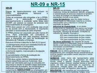 • NR-09
• Etapas de desenvolvimento que incluem no
PPRA: abrangência, estrutura e
responsabilidades.
• Todas as empresas são obrigadas a ter o PPRA:
Quanto a elaboração, implantação,
acompanhamento e avaliação serão feitas pelo
SESMT, por pessoa ou equipe de pessoas sob
responsabilidade do empregador.
• PPRA deve passar por uma avaliação seja anual
ou de acordo com a necessidade. É importante
perceber a necessidade de cada empresa.
• O PPRA precisa ser arquivado por pelo menos 20
anos. Para praticidade em consultá-lo é
recomendável que este seja impresso devendo
estar a disposição em caso de fiscalização do
Ministério do Trabalho e Emprego.
• Estrutura mínima é descrita no item 9.2.2 que é:
• a) planejamento anual com estabelecimento de
metas, prioridades e cronograma;
• b) estratégia e metodologia de ação;
• c) forma do registro, manutenção e divulgação
dos dados;
• d) periodicidade e forma de avaliação do
desenvolvimento do PPRA.
• PPRA deve conter metas e prioridades com
prazos específicos para as mudanças. Que
devem ser atendidos para que as soluções em
segurança e saúde no trabalho sejam aplicadas
aos ambientes de trabalho. As modificações e
melhorias colocadas no programa são de
cumprimento OBRIGATÓRIO ao empregador, em
caso de não cumprimento, a empresa pode sofrer
• NR-15
• Descreve as atividades, operações e agentes
insalubres, limites de tolerância, definido, ensejando
a caracterização do exercício insalubre e também
os meios de proteger os trabalhadores de tais
exposições nocivas á sua saúde.
• Limite de tolerância, para fins desta norma a
concentração ou intensidade máxima ou mínima
relacionadas com a natureza e o tempo de
exposição ao agente.
• Adicional de insalubridade - é um direito
fundamental do trabalhador que exerce sua função
em meio a agentes nocivos á sua saúde, seja por
exposição, natureza da atividade, condições ou
métodos de trabalho: Equivale a:
40% para insalubridade de grau máximo;
20% para insalubridade de grau médio;
10% para insalubridade de grau mínimo.
• Os riscos ambientais são capazes de causar
danos a saúde e a integridade física do trabalhador
devido a sua natureza, concentração
intensidade suscetibilidade e tempo de exposição.
• Em relação aos agentes:
FÍSICOS: são os efeitos geradores por máquinas e
equipamentos com condições físicas características do
local de trabalho que podem causar prejuízos á saúde
do trabalhador.
QUÍMICOS: estes riscos são representados pelas
substâncias químicas que se encontram em forma
líquida, sólida e gasosa. Quando absorvidos pelo
organismo, podem produzir reações tóxicas e danos a
saúde. Há três vias penetração no organismo: via
respiratória: inalação pelas vias áreas; via cutânea:
absorção pela pele; via digestiva: pela ingestão
BIOLÓGICOS: são causados por microrganismos
invisíveis o olho nu, como bactérias, fungos, vírus,
 