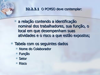 a relação contendo a identificação nominal dos trabalhadores, sua função, o local em que desempenham suas atividades e o risco a que estão expostos; Tabela com os seguintes dados Nome do Colaborador Função Setor Risco 32.2.3.1  O PCMSO deve contemplar: 