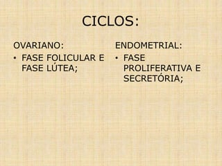 CICLOS:
OVARIANO:
• FASE FOLICULAR E
FASE LÚTEA;
ENDOMETRIAL:
• FASE
PROLIFERATIVA E
SECRETÓRIA;
 