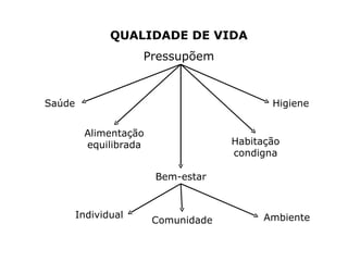 QUALIDADE DE VIDA  Pressupõem   Saúde Alimentação equilibrada Habitação condigna Higiene Bem-estar Individual Comunidade Ambiente 