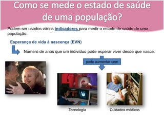 pode aumentar comPodem ser usados vários indicadorespara medir o estado de saúde de uma população:Esperança de vida à nascença (EVN)Número de anos que um indivíduo pode esperar viver desde que nasce.TecnologiaCuidados médicosComo se mede o estado de saúde de uma população?