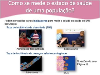Podem ser usados vários indicadorespara medir o estado de saúde de uma população:Taxa de incidência da obesidade (TIO)SedentarismoAlimentação desequilibradaTaxa de incidência de doenças infecto-contagiosasQuestões de aulaPágina 11Tuberculose SIDAComo se mede o estado de saúde de uma população?
