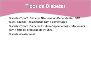 Tipos de DiabetesDiabetes Tipo 2 (Diabetes Não Insulino-Dependente)  90% casos, adultos – relacionada com a alimentaçãoDiabetes Tipo 1 (Diabetes Insulino-Dependente) – relacionada com a falta de produção de insulinaDiabetes Gestacional