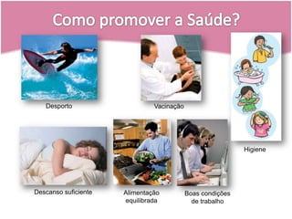 Desporto VacinaçãoHigieneDescanso suficiente Alimentação equilibradaBoas condições de trabalho Como promover a Saúde?