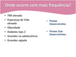 Onde ocorre com mais frequência? TMI elevadaEsperança de Vida elevadaObesidadeDiabetes tipo 2Gravidez na adolescênciaGravidez vigiadaPaíses Desenvolvidos
