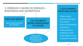 15/02/2024
3. DOENÇAS E CAUSAS DE DOENÇAS –
RESISTENCIA AOS ANTIBIÓTICOS
PARA QUE SERVEM?
PARA TRATAR DOENÇAS
BACTERIANAS
USO INCORRETO
(DOSES INADEQUADAS
OU FALHAS)
RESISTENCIA
BACTERIANA OU
RESISTENCIA AOS
ANTIBIÓTICOS
O QUE PODEMOS
FAZER PARA EVITAR?
• TOMAR APENAS
QUANDO RECEITADOS
PELO MÉDICO
• NUNCA INTERROMPAS O
TRATAMENTO
• NUNCA PARTILHES
ANTIBIOTICOS NEM
TOMES SOBRAS DE UM
TRATAMENTO ANTERIOR
 