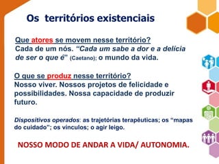 Os territórios existenciais 
Que atores se movem nesse território? 
Cada de um nós. “Cada um sabe a dor e a delícia 
de ser o que é” (Caetano); o mundo da vida. 
O que se produz nesse território? 
Nosso viver. Nossos projetos de felicidade e 
possibilidades. Nossa capacidade de produzir 
futuro. 
Dispositivos operados: as trajetórias terapêuticas; os “mapas 
do cuidado”; os vínculos; o agir leigo. 
NOSSO MODO DE ANDAR A VIDA/ AUTONOMIA. 
 