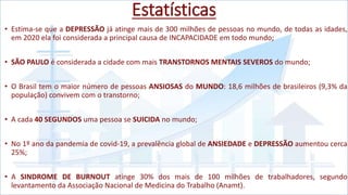 Estatísticas
• Estima-se que a DEPRESSÃO já atinge mais de 300 milhões de pessoas no mundo, de todas as idades,
em 2020 ela foi considerada a principal causa de INCAPACIDADE em todo mundo;
• SÃO PAULO é considerada a cidade com mais TRANSTORNOS MENTAIS SEVEROS do mundo;
• O Brasil tem o maior número de pessoas ANSIOSAS do MUNDO: 18,6 milhões de brasileiros (9,3% da
população) convivem com o transtorno;
• A cada 40 SEGUNDOS uma pessoa se SUICIDA no mundo;
• No 1º ano da pandemia de covid-19, a prevalência global de ANSIEDADE e DEPRESSÃO aumentou cerca
25%;
• A SINDROME DE BURNOUT atinge 30% dos mais de 100 milhões de trabalhadores, segundo
levantamento da Associação Nacional de Medicina do Trabalho (Anamt).
 