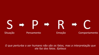 S P R C
Situação Pensamento Emoção Comportamento
O que perturba o ser humano não são os fatos, mas a interpretação que
ele faz dos fatos. Epiteus
 