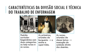 CARACTERÍSTICAS DA DIVISÃO SOCIAL E TÉCNICA
DO TRABALHO DE ENFERMAGEM
Padrão
curricular
hegemônico com
duas categorias:
as lady-nurses e
as nurses.
As primeiras,
oriundas da
burguesia → o
ensino e
supervisão.
As nurses,
oriundas da
classe baixa →
execução do
cuidado direto
dos doentes.
 