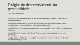 Estágios do desenvolvimento da
personalidade
Cinco fases psicossociais.
Fase oral (foco da energia na boca), ocorre do nascimento aso 18 meses – satisfação de
necessidade básicas.
Fase anal (foco de energia ao controle dos esfíncteres) ocorre dos 18 meses aos 3 anos –
interação social e normas de higiene (inicio da interação social).
Fase fálica (foco de energia nas zonas genitais) – ocorre dos 3 a 6 anos – libido investida sobre o
pai ou mãe.
Fase de latência (6 anos até puberdade) – foco no grupo e nos amigos do mesmo sexo –
identificação.
Fase genital (13 aos 20 anos) – As relações interpessoais se baseiam no prazer verdadeiro
derivado da interação sexual.
 