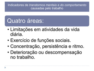 Indicadores de transtornos mentais e do comportamento
causadas pelo trabalho

Quatro áreas:
• Limitações em atividades da vida
diária.
• Exercício de funções sociais.
• Concentração, persistência e ritmo.
• Deterioração ou descompensação
no trabalho.

 