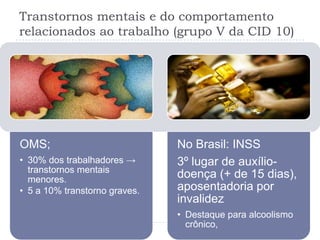 Transtornos mentais e do comportamento
relacionados ao trabalho (grupo V da CID 10)

OMS;
• 30% dos trabalhadores →
transtornos mentais
menores.
• 5 a 10% transtorno graves.

No Brasil: INSS
3º lugar de auxíliodoença (+ de 15 dias),
aposentadoria por
invalidez
• Destaque para alcoolismo
crônico,

 
