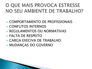  COMPORTAMENTO DE PROFISSIONAIS
 CONFLITOS INTERNOS
 REGULAMENTOS OU NORMATIVAS
 FALTA DE RESPEITO
 CARGA EXECIVA DE TRABALHO
 MUDANÇAS DO GOVERNO
 