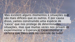 Mas existem alguns momentos e situações que
são mais difíceis que os outros. E por causa
disso, vamos construindo uma espécie de
“casca” que nos protege de determinadas
situações, mas que muitas vezes nos privam de
experimentar a Esperança. Experimentar a
certeza que Deus está no controle de tudo!
 