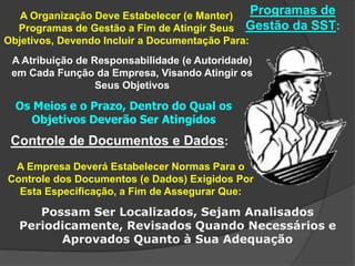 Programas de
Gestão da SST:
A Organização Deve Estabelecer (e Manter)
Programas de Gestão a Fim de Atingir Seus
Objetivos, Devendo Incluir a Documentação Para:
A Atribuição de Responsabilidade (e Autoridade)
em Cada Função da Empresa, Visando Atingir os
Seus Objetivos
Os Meios e o Prazo, Dentro do Qual os
Objetivos Deverão Ser Atingidos
Controle de Documentos e Dados:
A Empresa Deverá Estabelecer Normas Para o
Controle dos Documentos (e Dados) Exigidos Por
Esta Especificação, a Fim de Assegurar Que:
Possam Ser Localizados, Sejam Analisados
Periodicamente, Revisados Quando Necessários e
Aprovados Quanto à Sua Adequação
 