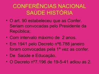 CONFERÊNCIAS NACIONAL
SAÚDE HISTÓRIA
• O art. 90 estabeleceu que as Confer.
Seriam convocadas pelo Presidente da
República;
• Com intervalo máximo de 2 anos.
• Em 1941 pelo Decreto nº6.788 janeiro
foram convocadas pela 1ª vez as confer.
• De Saúde e Educação.
• O Decreto nº7.196 de 19-5-41 adiou as 2.
 